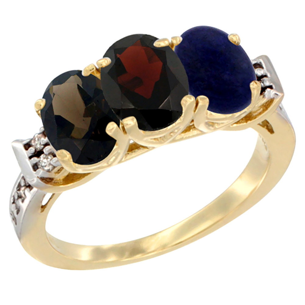 14K Yellow Gold Natural Smoky Topaz, Garnet & Lapis Ring 3-Stone Oval 7x5 mm Diamond Accent, sizes 5 - 10