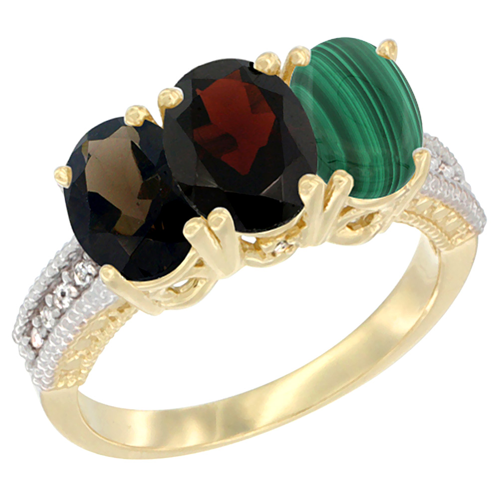 14K Yellow Gold Natural Smoky Topaz, Garnet &amp; Malachite Ring 3-Stone 7x5 mm Oval Diamond Accent, sizes 5 - 10