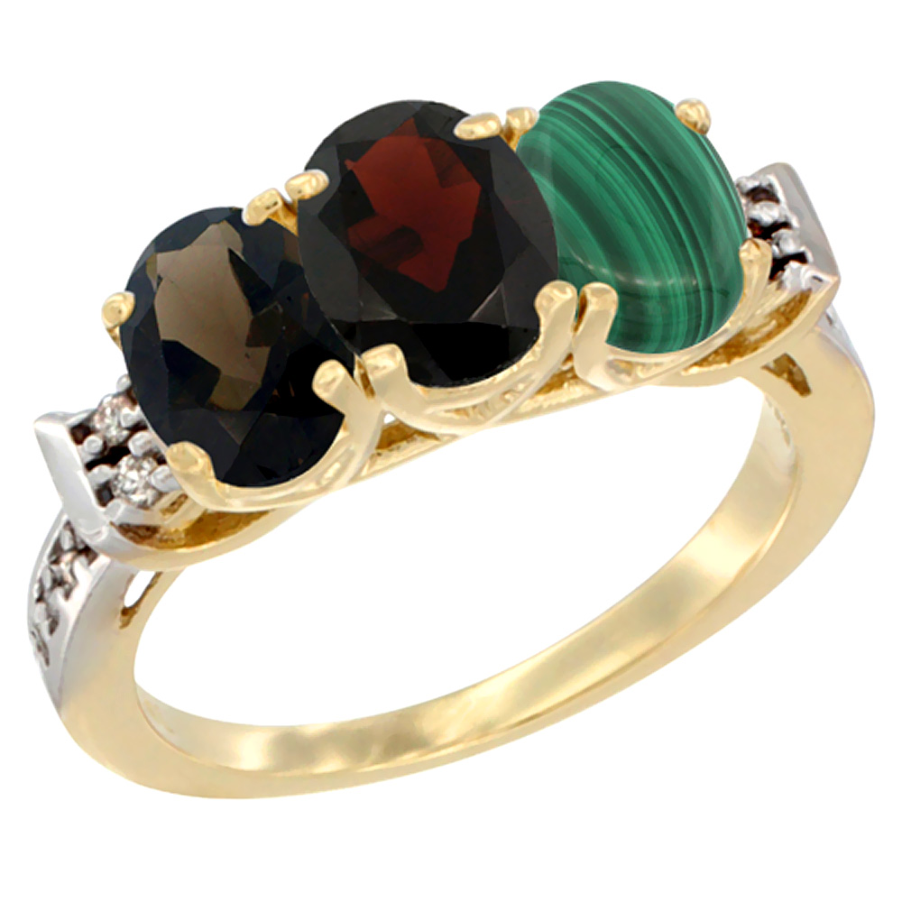 14K Yellow Gold Natural Smoky Topaz, Garnet &amp; Malachite Ring 3-Stone Oval 7x5 mm Diamond Accent, sizes 5 - 10