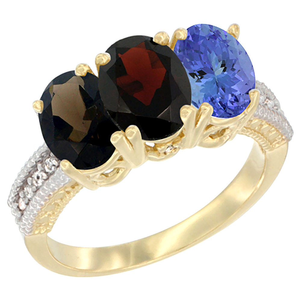 14K Yellow Gold Natural Smoky Topaz, Garnet & Tanzanite Ring 3-Stone 7x5 mm Oval Diamond Accent, sizes 5 - 10