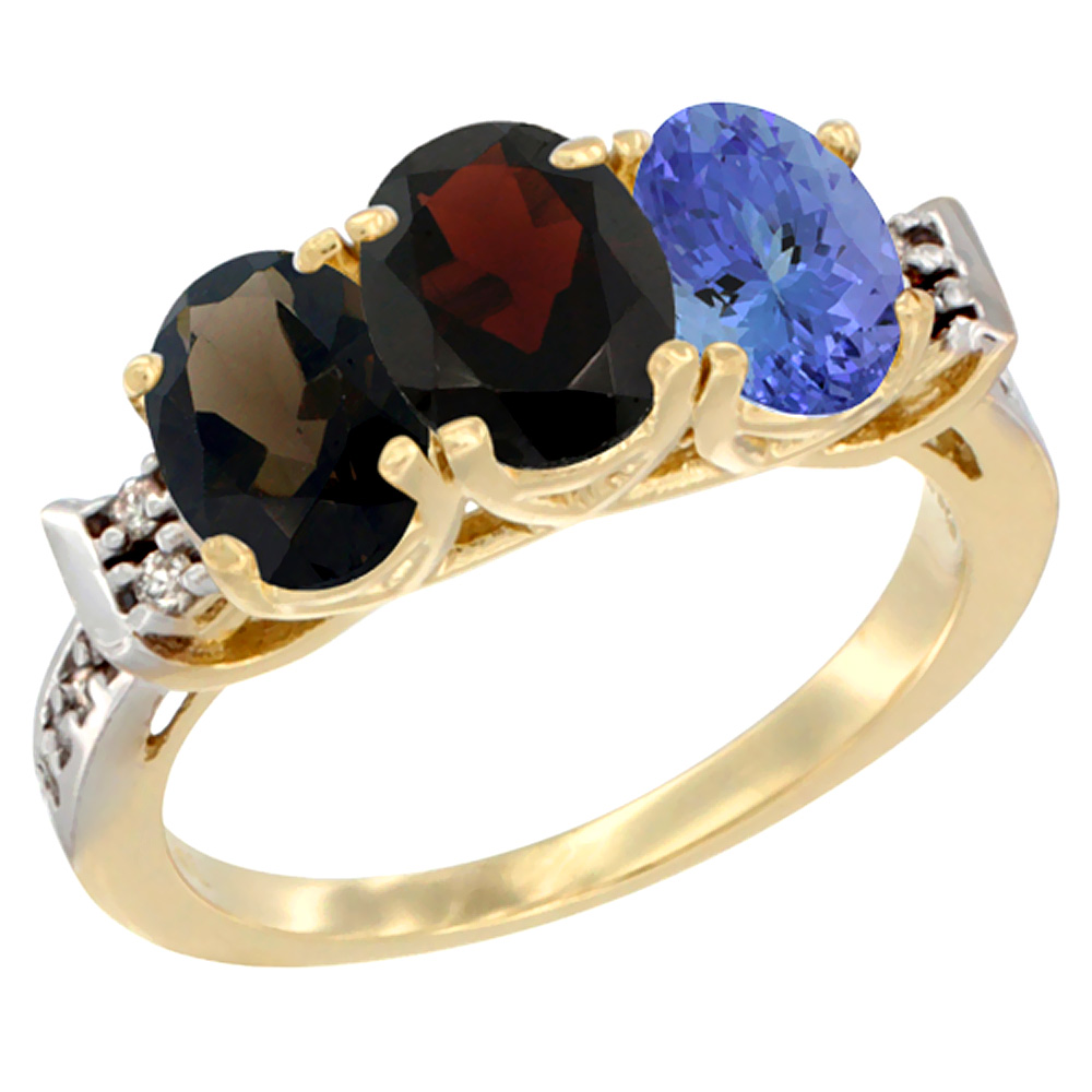 14K Yellow Gold Natural Smoky Topaz, Garnet & Tanzanite Ring 3-Stone Oval 7x5 mm Diamond Accent, sizes 5 - 10