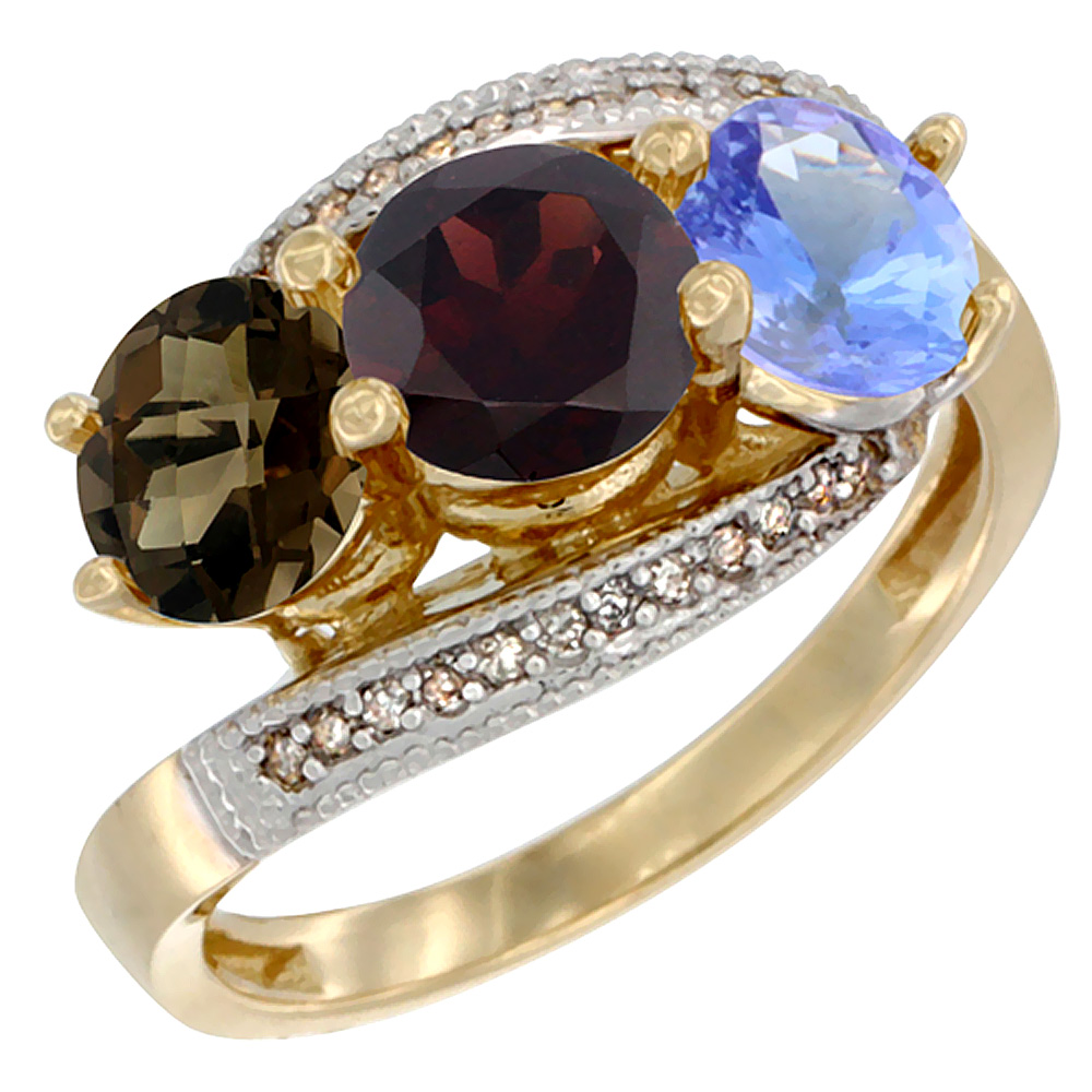 14K Yellow Gold Natural Smoky Topaz, Garnet & Tanzanite 3 stone Ring Round 6mm Diamond Accent, sizes 5 - 10