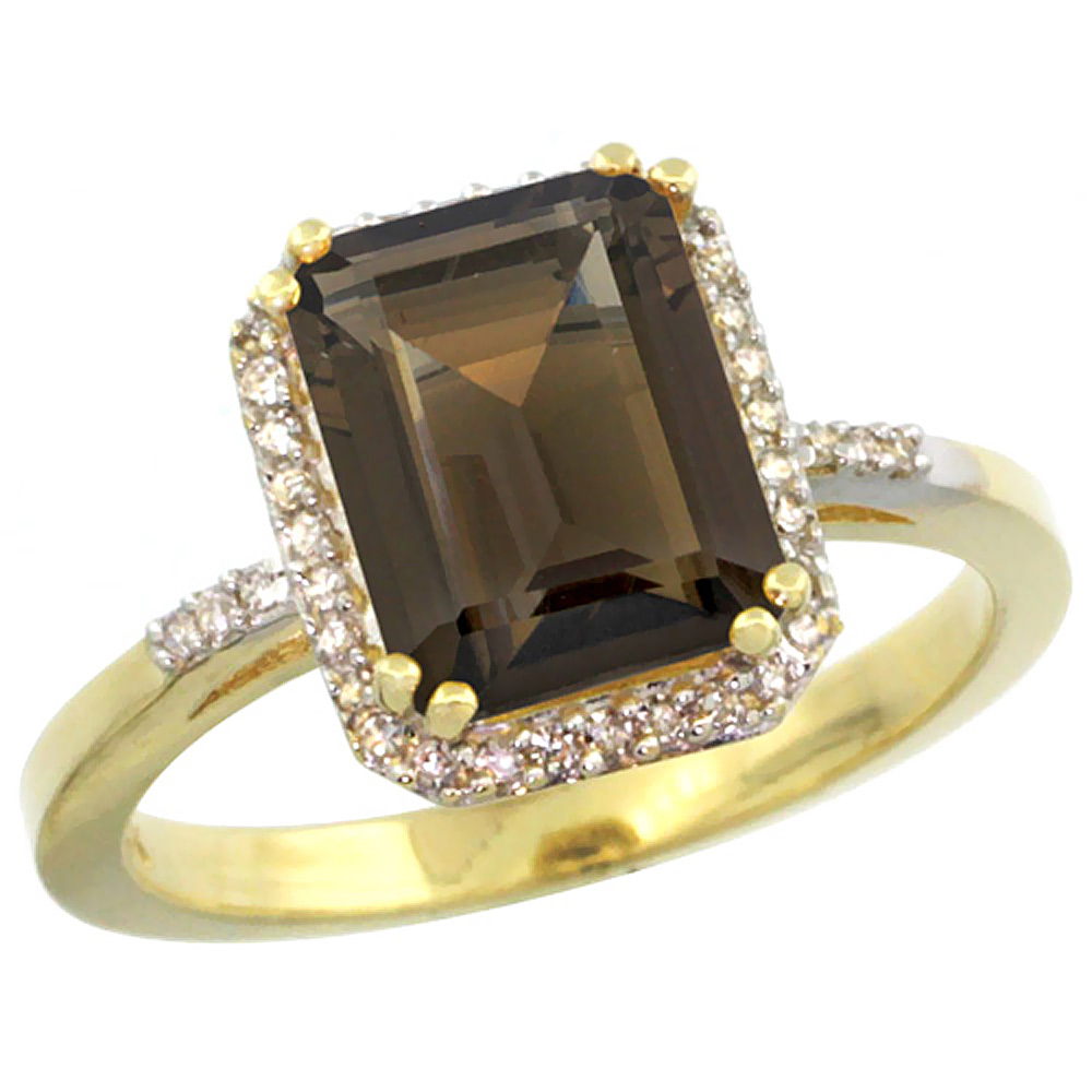 14K Yellow Gold Diamond Natural Smoky Topaz Ring Emerald-cut 9x7mm, sizes 5-10