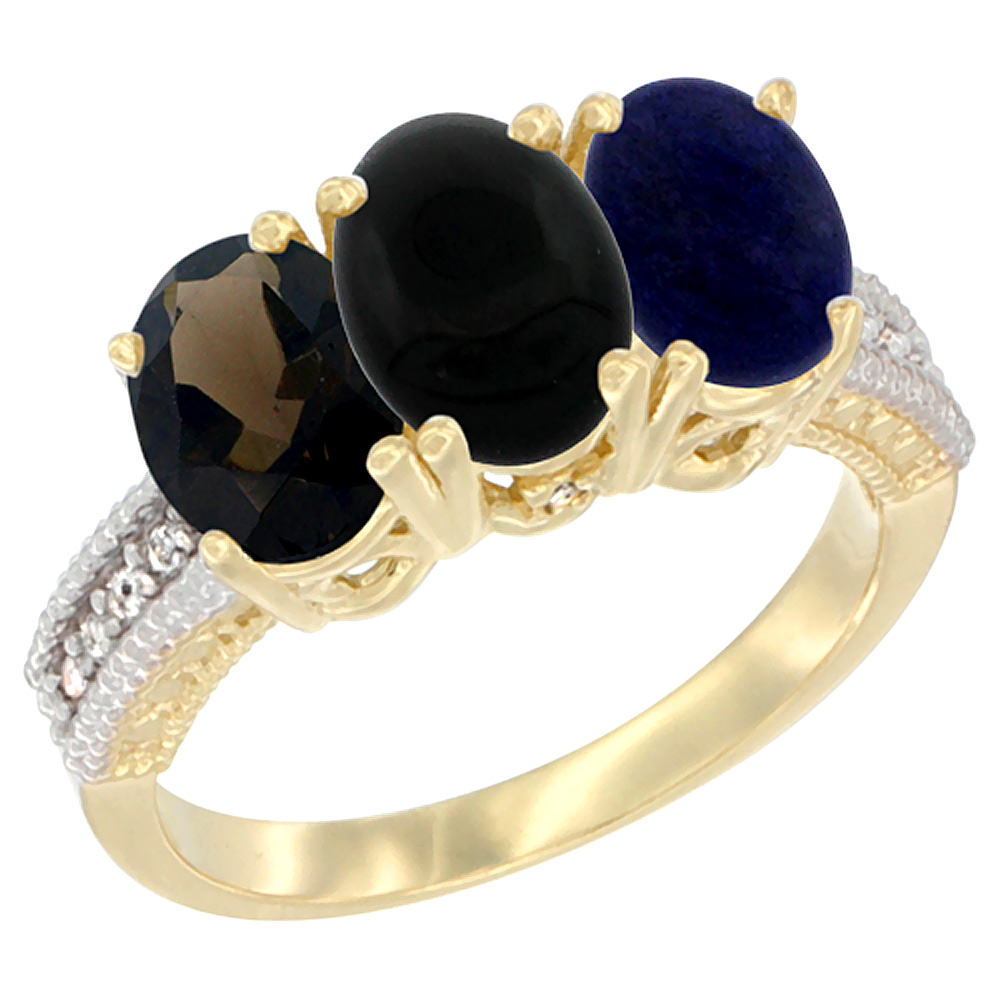 14K Yellow Gold Natural Smoky Topaz, Black Onyx &amp; Lapis Ring 3-Stone 7x5 mm Oval Diamond Accent, sizes 5 - 10