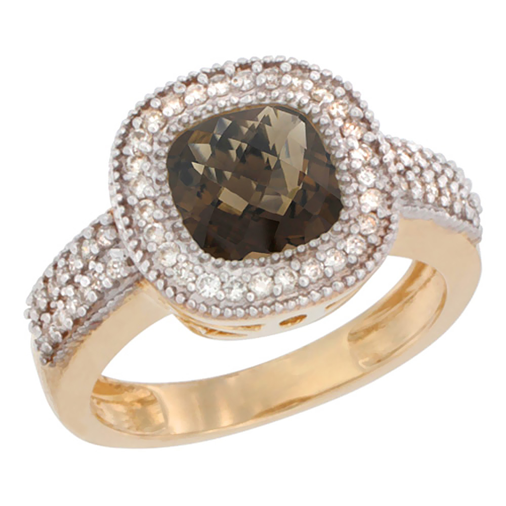 14K Yellow Gold Natural Smoky Topaz Ring Cushion-cut 7x7mm Diamond Accent, sizes 5-10