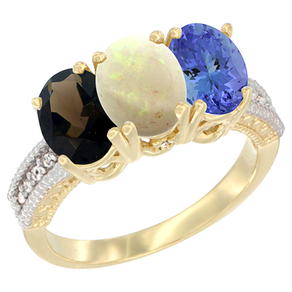 14K Yellow Gold Natural Smoky Topaz, Opal &amp; Tanzanite Ring 3-Stone 7x5 mm Oval Diamond Accent, sizes 5 - 10