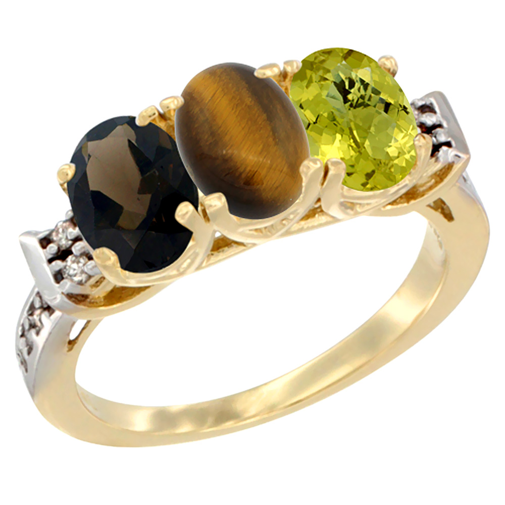 14K Yellow Gold Natural Smoky Topaz, Tiger Eye &amp; Lemon Quartz Ring 3-Stone Oval 7x5 mm Diamond Accent, sizes 5 - 10