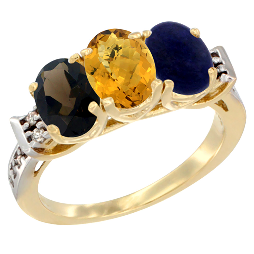 14K Yellow Gold Natural Smoky Topaz, Whisky Quartz &amp; Lapis Ring 3-Stone Oval 7x5 mm Diamond Accent, sizes 5 - 10