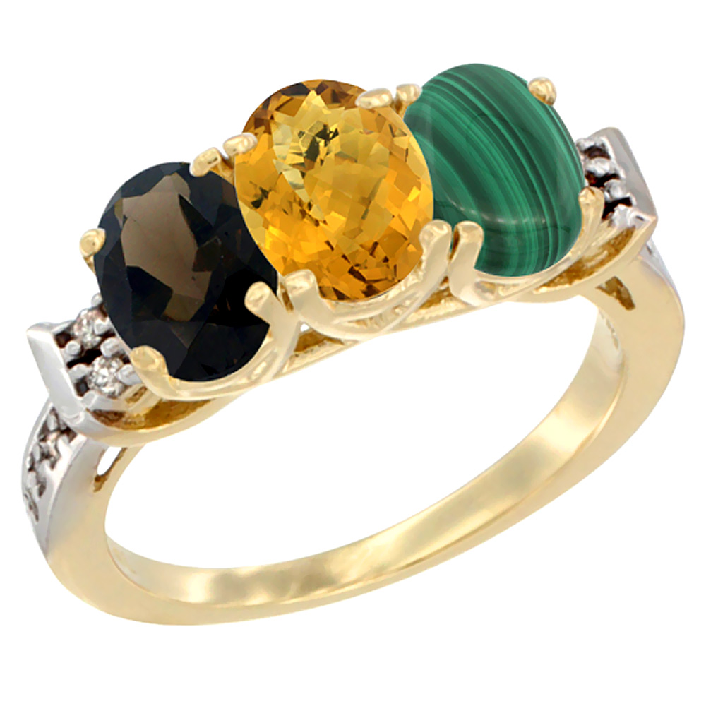 14K Yellow Gold Natural Smoky Topaz, Whisky Quartz & Malachite Ring 3-Stone Oval 7x5 mm Diamond Accent, sizes 5 - 10