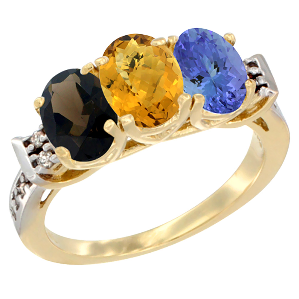 14K Yellow Gold Natural Smoky Topaz, Whisky Quartz &amp; Tanzanite Ring 3-Stone Oval 7x5 mm Diamond Accent, sizes 5 - 10