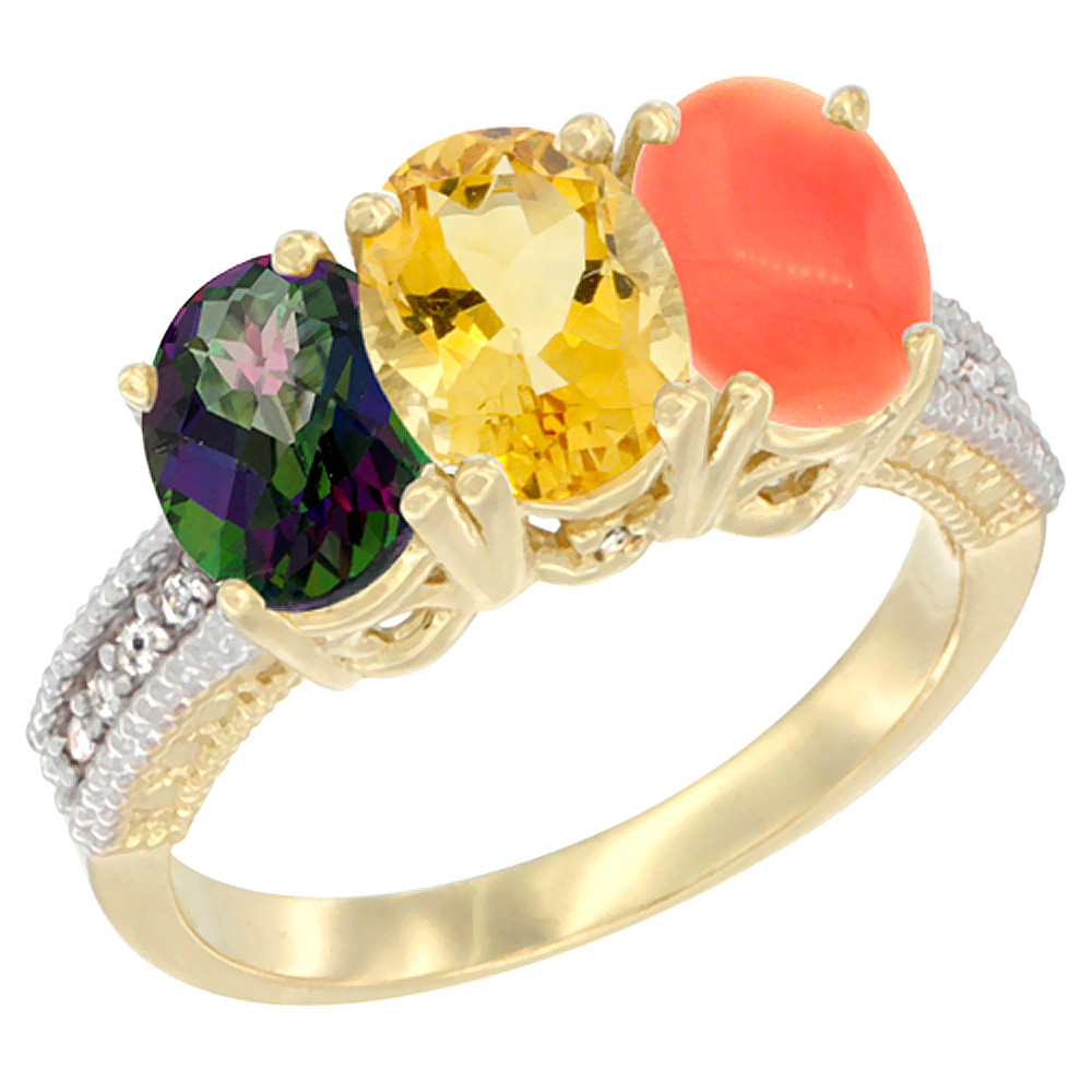 14K Yellow Gold Natural Mystic Topaz, Citrine &amp; Coral Ring 3-Stone 7x5 mm Oval Diamond Accent, sizes 5 - 10