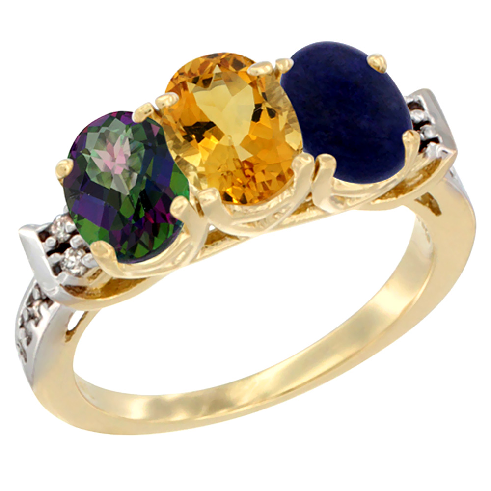 14K Yellow Gold Natural Mystic Topaz, Citrine &amp; Lapis Ring 3-Stone Oval 7x5 mm Diamond Accent, sizes 5 - 10