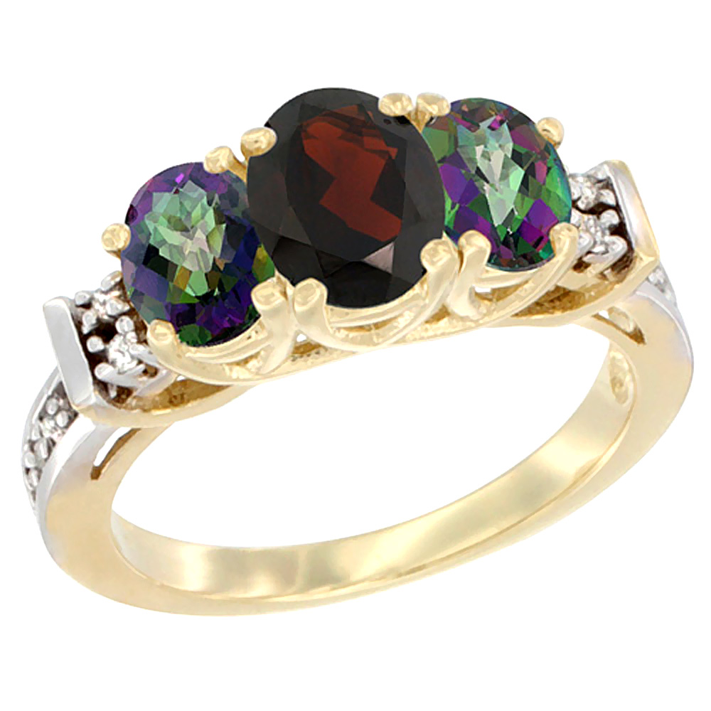 14K Yellow Gold Natural Garnet &amp; Mystic Topaz Ring 3-Stone Oval Diamond Accent