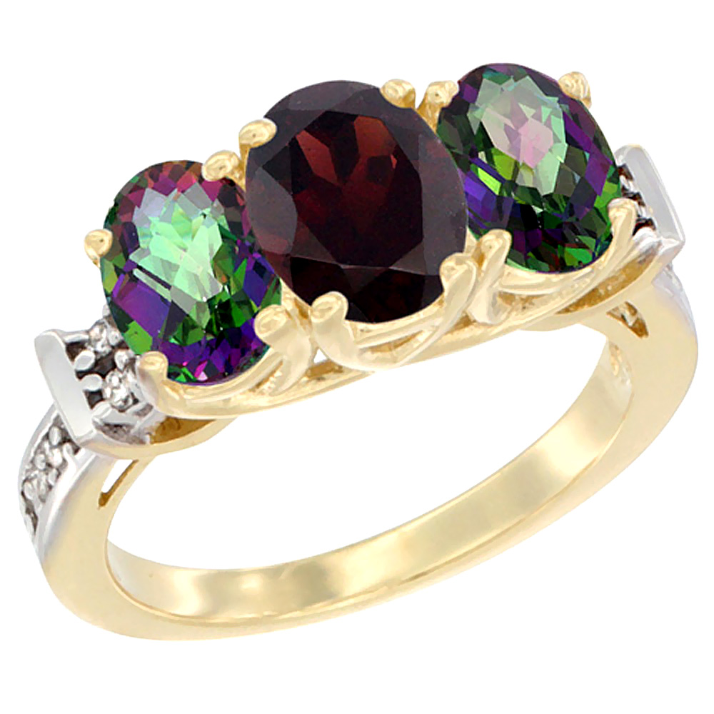 14K Yellow Gold Natural Garnet &amp; Mystic Topaz Sides Ring 3-Stone Oval Diamond Accent, sizes 5 - 10