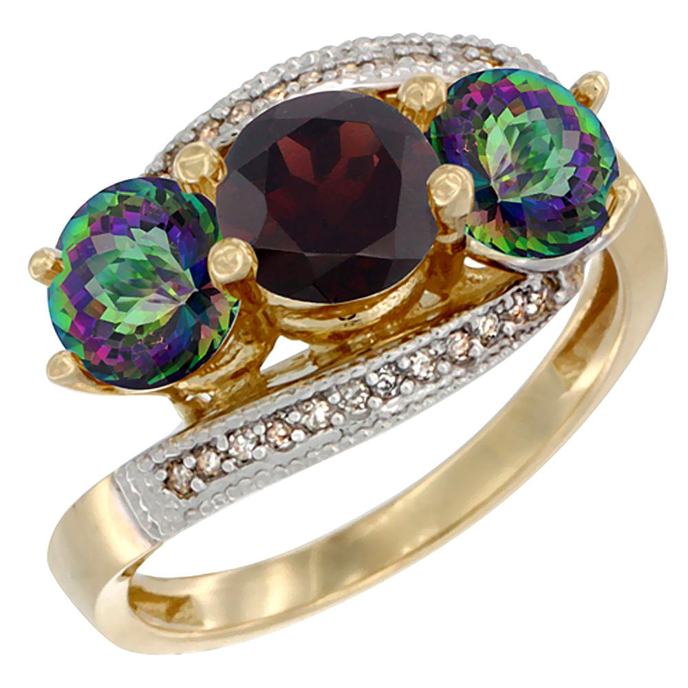 14K Yellow Gold Natural Garnet &amp; Mystic Topaz Sides 3 stone Ring Round 6mm Diamond Accent, sizes 5 - 10