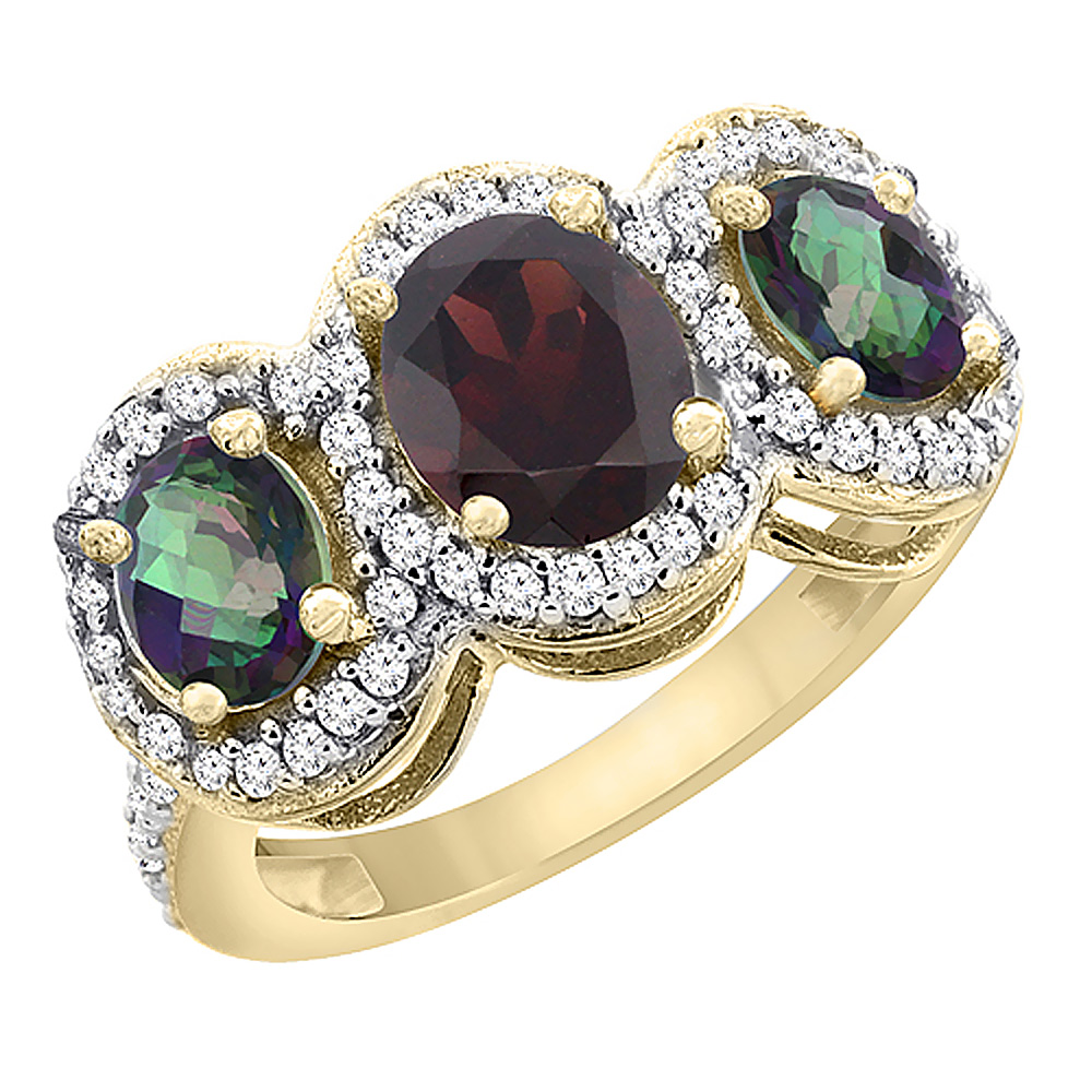 14K Yellow Gold Natural Garnet & Mystic Topaz 3-Stone Ring Oval Diamond Accent, sizes 5 - 10