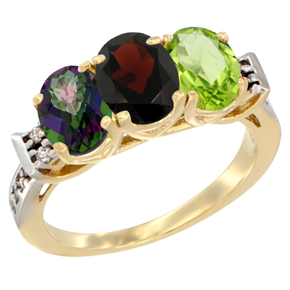 14K Yellow Gold Natural Mystic Topaz, Garnet &amp; Peridot Ring 3-Stone Oval 7x5 mm Diamond Accent, sizes 5 - 10