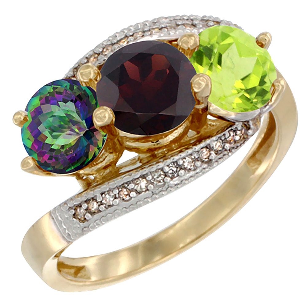 14K Yellow Gold Natural Mystic Topaz, Garnet & Peridot 3 stone Ring Round 6mm Diamond Accent, sizes 5 - 10