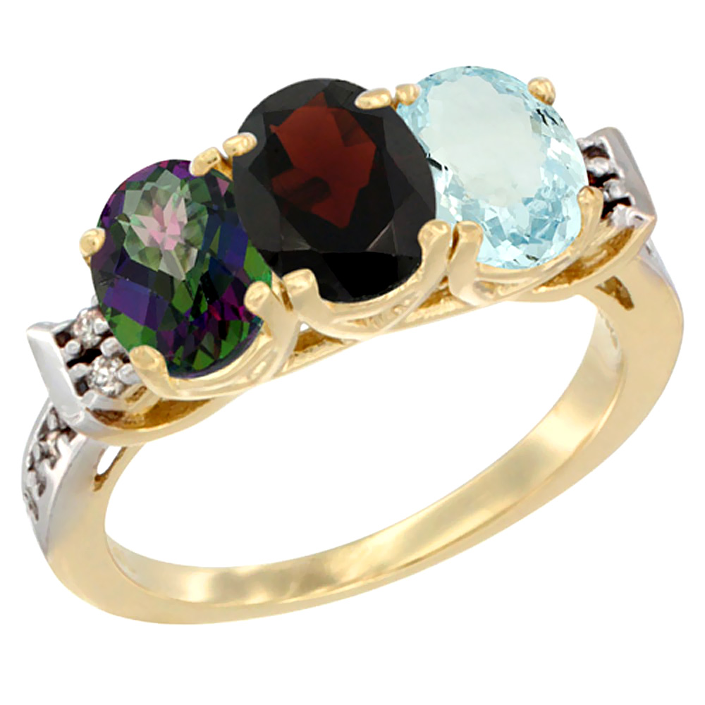 14K Yellow Gold Natural Mystic Topaz, Garnet &amp; Aquamarine Ring 3-Stone Oval 7x5 mm Diamond Accent, sizes 5 - 10