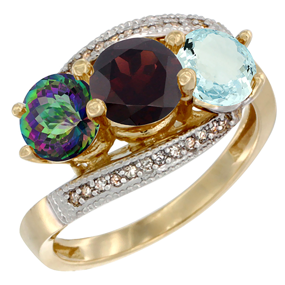 14K Yellow Gold Natural Mystic Topaz, Garnet & Aquamarine 3 stone Ring Round 6mm Diamond Accent, sizes 5 - 10