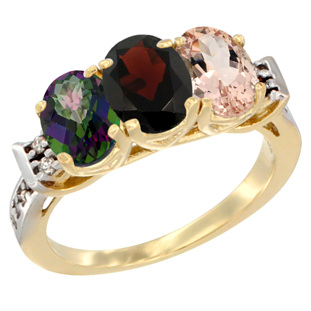 14K Yellow Gold Natural Mystic Topaz, Garnet &amp; Morganite Ring 3-Stone Oval 7x5 mm Diamond Accent, sizes 5 - 10