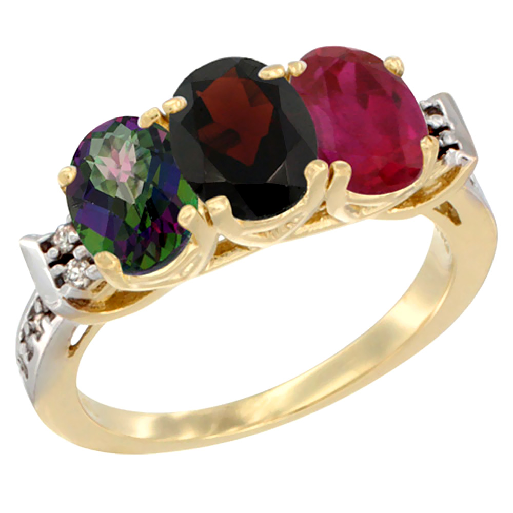 14K Yellow Gold Natural Mystic Topaz, Garnet &amp; Enhanced Ruby Ring 3-Stone Oval 7x5 mm Diamond Accent, sizes 5 - 10