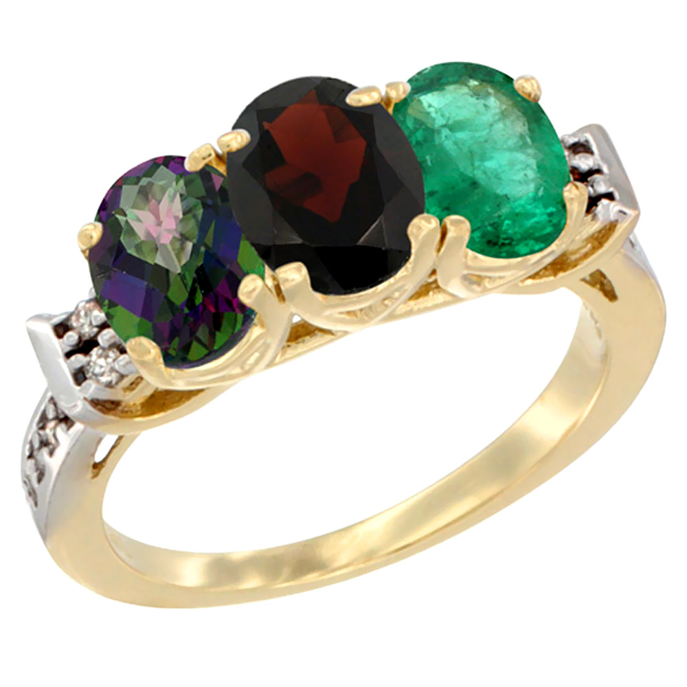 14K Yellow Gold Natural Mystic Topaz, Garnet &amp; Emerald Ring 3-Stone Oval 7x5 mm Diamond Accent, sizes 5 - 10