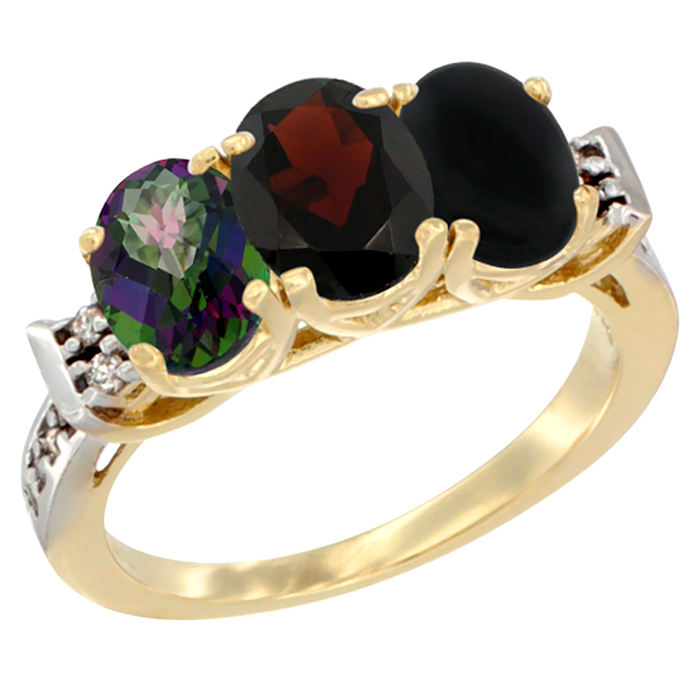 14K Yellow Gold Natural Mystic Topaz, Garnet &amp; Black Onyx Ring 3-Stone Oval 7x5 mm Diamond Accent, sizes 5 - 10