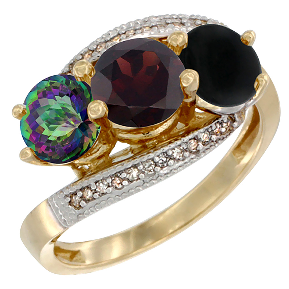 14K Yellow Gold Natural Mystic Topaz, Garnet &amp; Black Onyx 3 stone Ring Round 6mm Diamond Accent, sizes 5 - 10