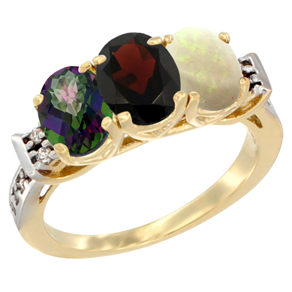 14K Yellow Gold Natural Mystic Topaz, Garnet & Opal Ring 3-Stone Oval 7x5 mm Diamond Accent, sizes 5 - 10