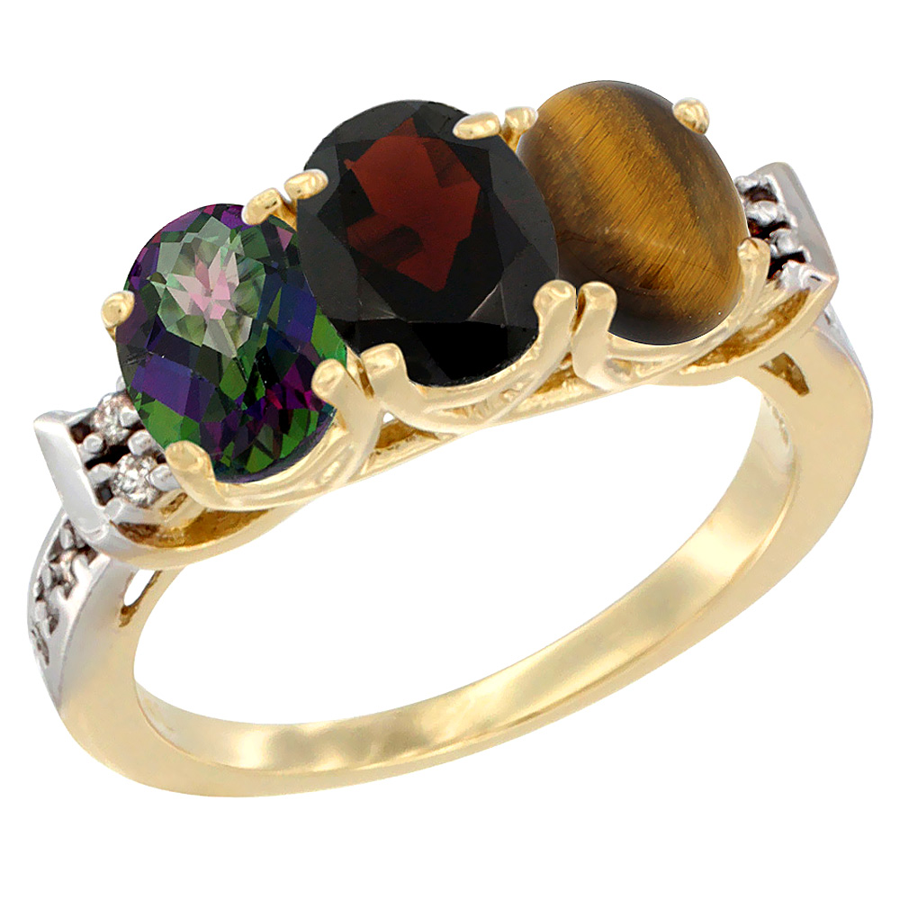 14K Yellow Gold Natural Mystic Topaz, Garnet &amp; Tiger Eye Ring 3-Stone Oval 7x5 mm Diamond Accent, sizes 5 - 10