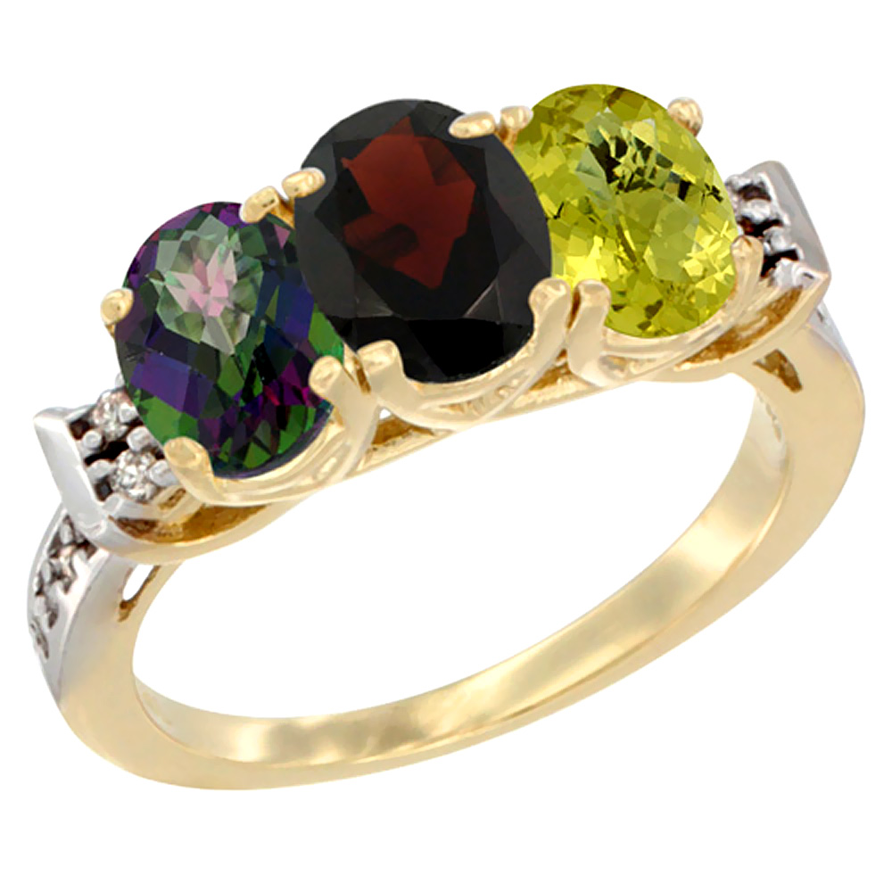 14K Yellow Gold Natural Mystic Topaz, Garnet & Lemon Quartz Ring 3-Stone Oval 7x5 mm Diamond Accent, sizes 5 - 10