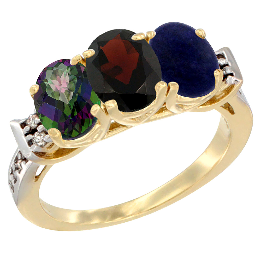 14K Yellow Gold Natural Mystic Topaz, Garnet & Lapis Ring 3-Stone Oval 7x5 mm Diamond Accent, sizes 5 - 10