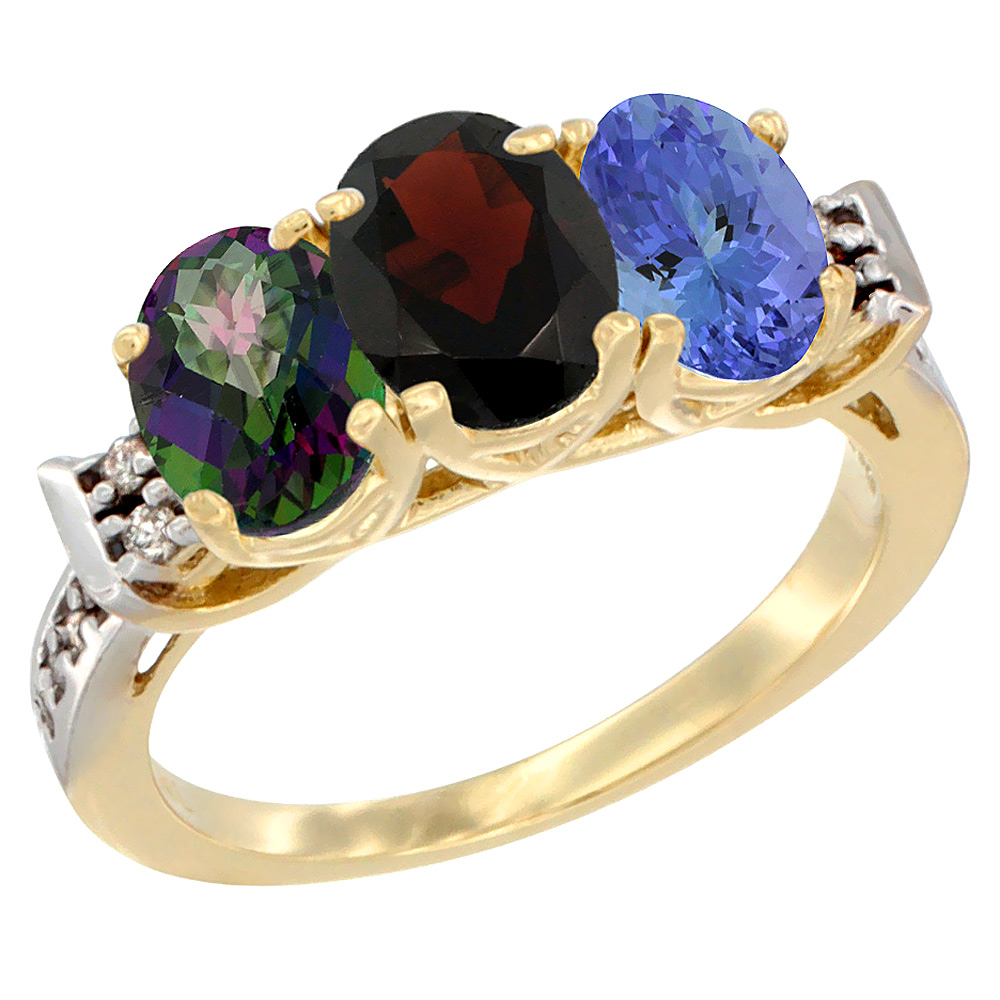 14K Yellow Gold Natural Mystic Topaz, Garnet &amp; Tanzanite Ring 3-Stone Oval 7x5 mm Diamond Accent, sizes 5 - 10