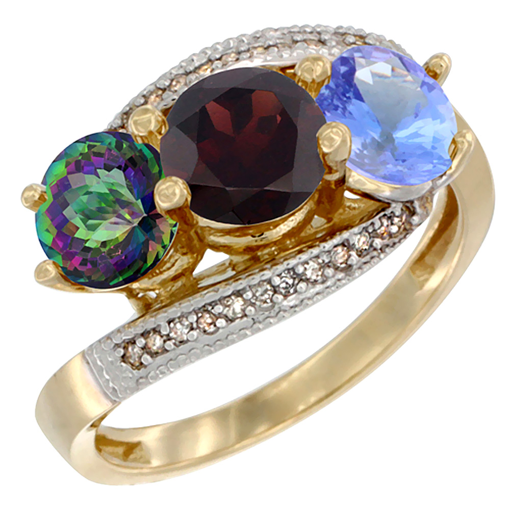 14K Yellow Gold Natural Mystic Topaz, Garnet &amp; Tanzanite 3 stone Ring Round 6mm Diamond Accent, sizes 5 - 10