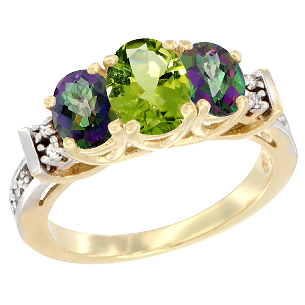 14K Yellow Gold Natural Peridot &amp; Mystic Topaz Ring 3-Stone Oval Diamond Accent