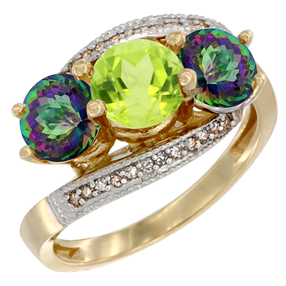 14K Yellow Gold Natural Peridot & Mystic Topaz Sides 3 stone Ring Round 6mm Diamond Accent, sizes 5 - 10