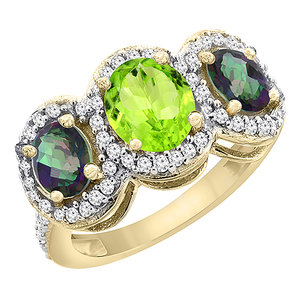 14K Yellow Gold Natural Peridot &amp; Mystic Topaz 3-Stone Ring Oval Diamond Accent, sizes 5 - 10