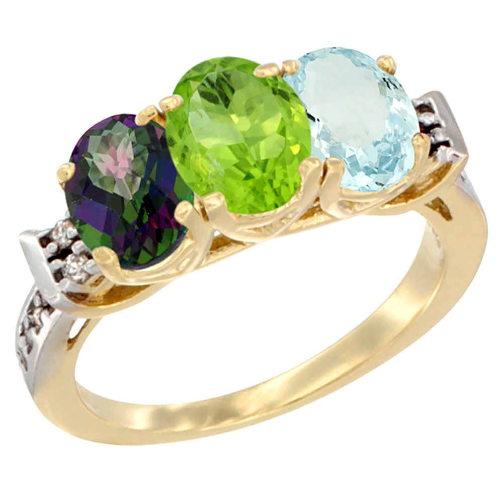 14K Yellow Gold Natural Mystic Topaz, Peridot & Aquamarine Ring 3-Stone Oval 7x5 mm Diamond Accent, sizes 5 - 10