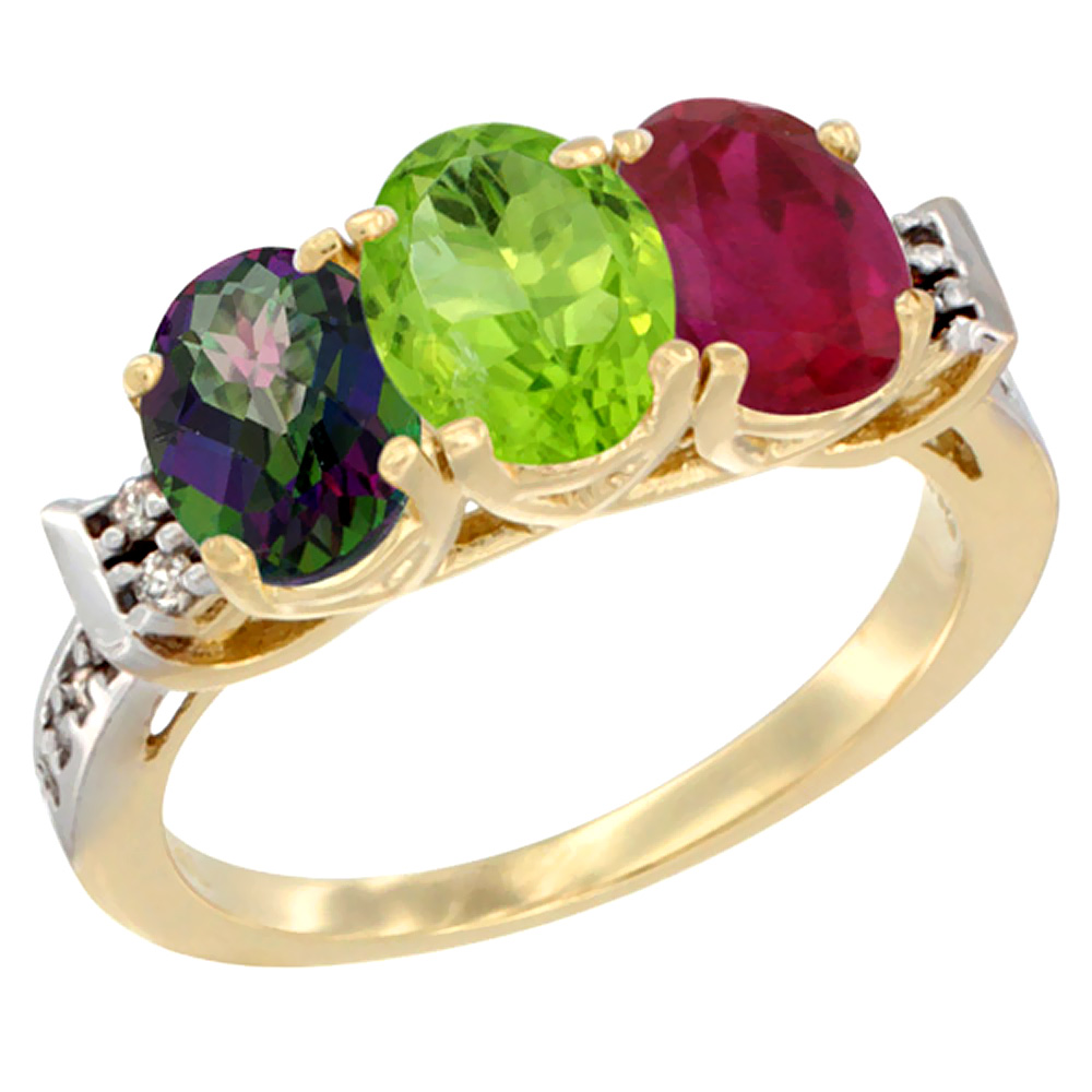 14K Yellow Gold Natural Mystic Topaz, Peridot &amp; Enhanced Ruby Ring 3-Stone Oval 7x5 mm Diamond Accent, sizes 5 - 10