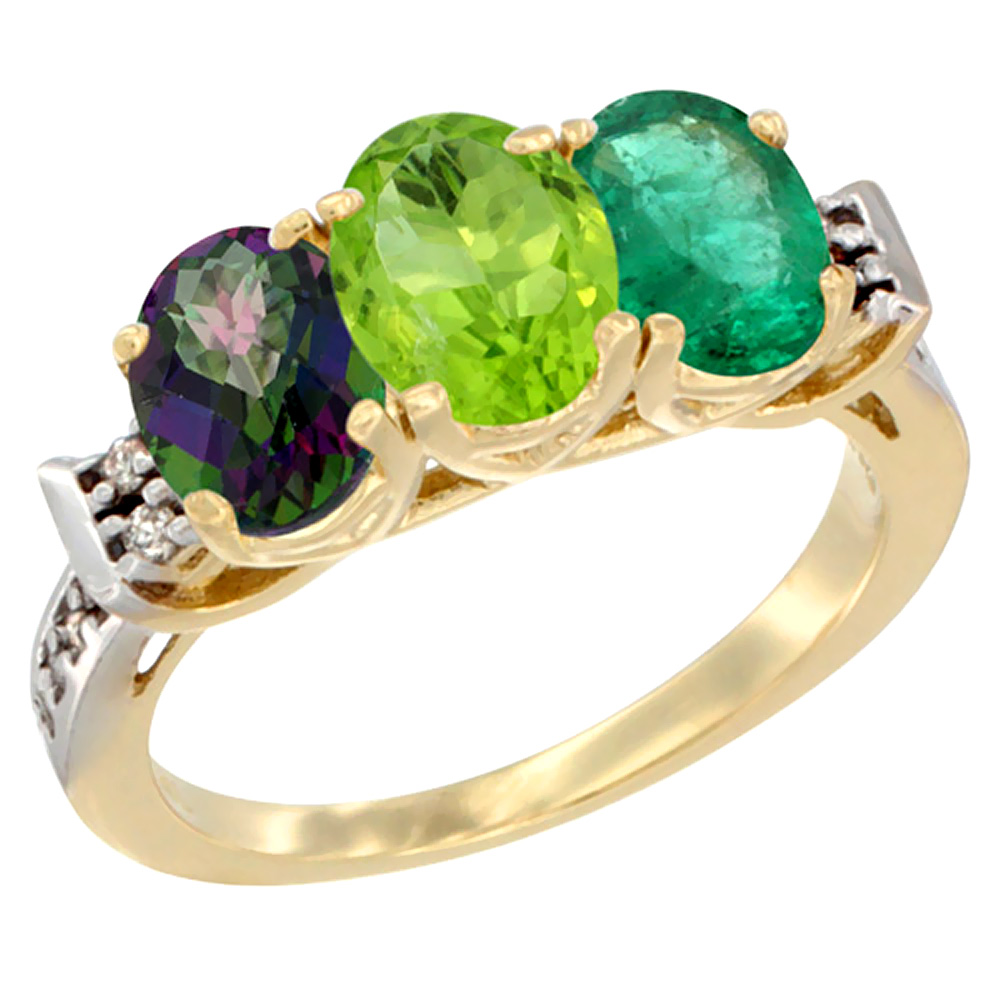 14K Yellow Gold Natural Mystic Topaz, Peridot &amp; Emerald Ring 3-Stone Oval 7x5 mm Diamond Accent, sizes 5 - 10