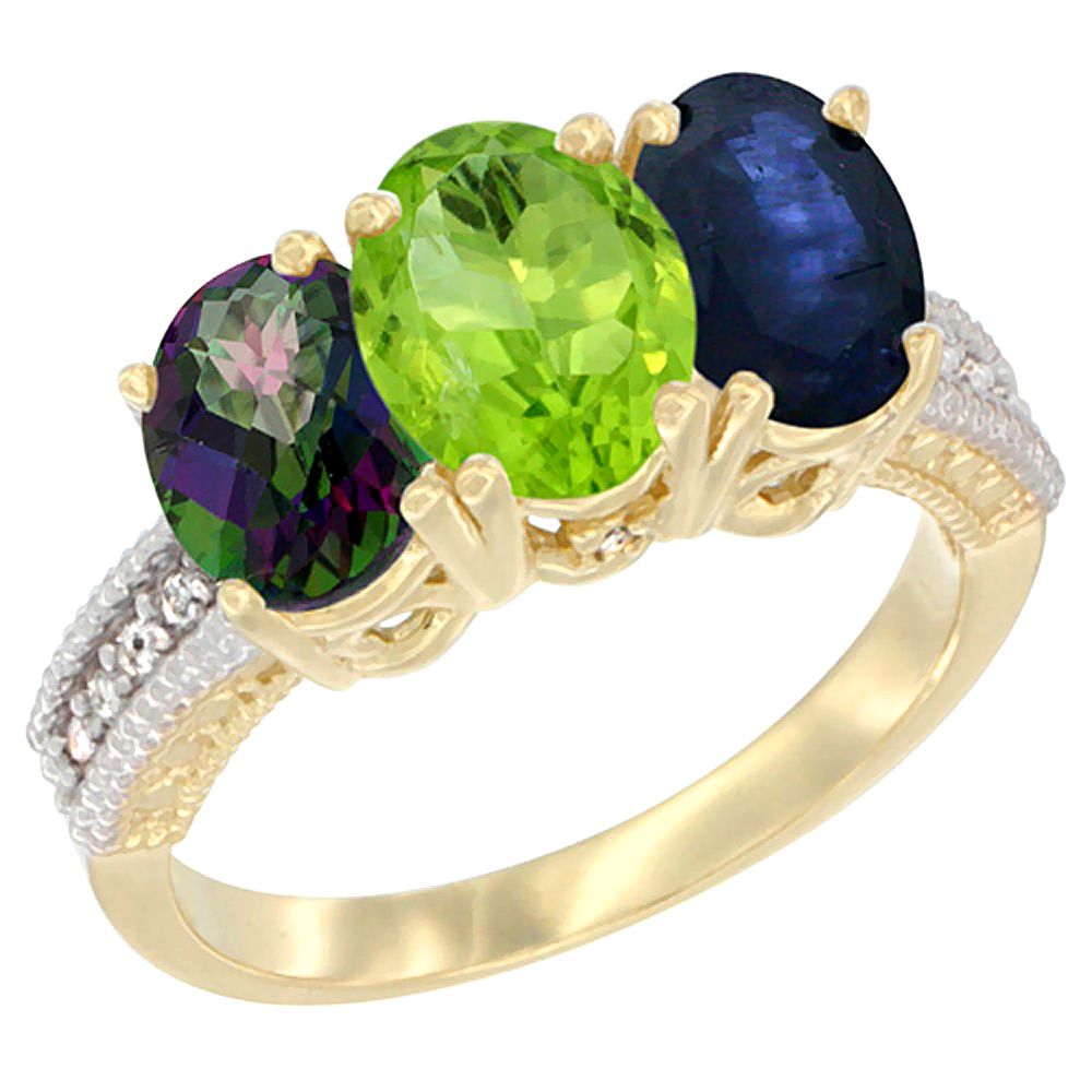 14K Yellow Gold Natural Mystic Topaz, Peridot &amp; Blue Sapphire Ring 3-Stone 7x5 mm Oval Diamond Accent, sizes 5 - 10