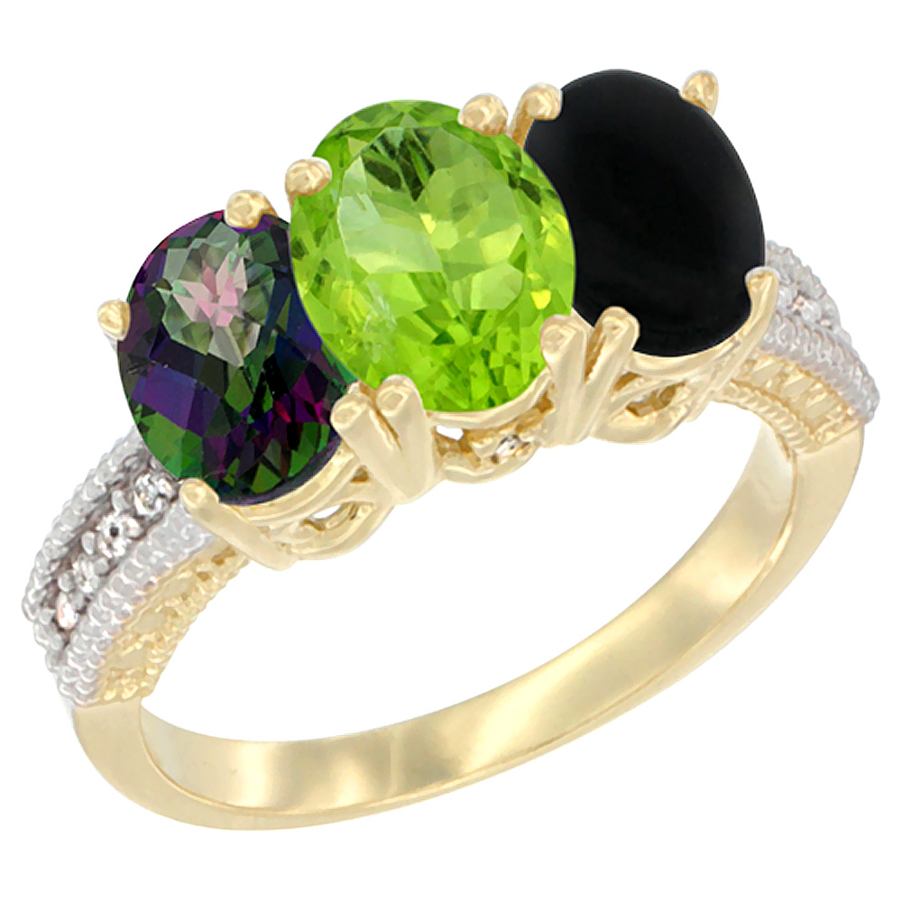 14K Yellow Gold Natural Mystic Topaz, Peridot &amp; Black Onyx Ring 3-Stone 7x5 mm Oval Diamond Accent, sizes 5 - 10