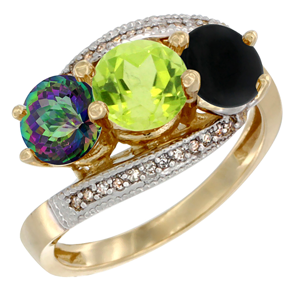 14K Yellow Gold Natural Mystic Topaz, Peridot &amp; Black Onyx 3 stone Ring Round 6mm Diamond Accent, sizes 5 - 10