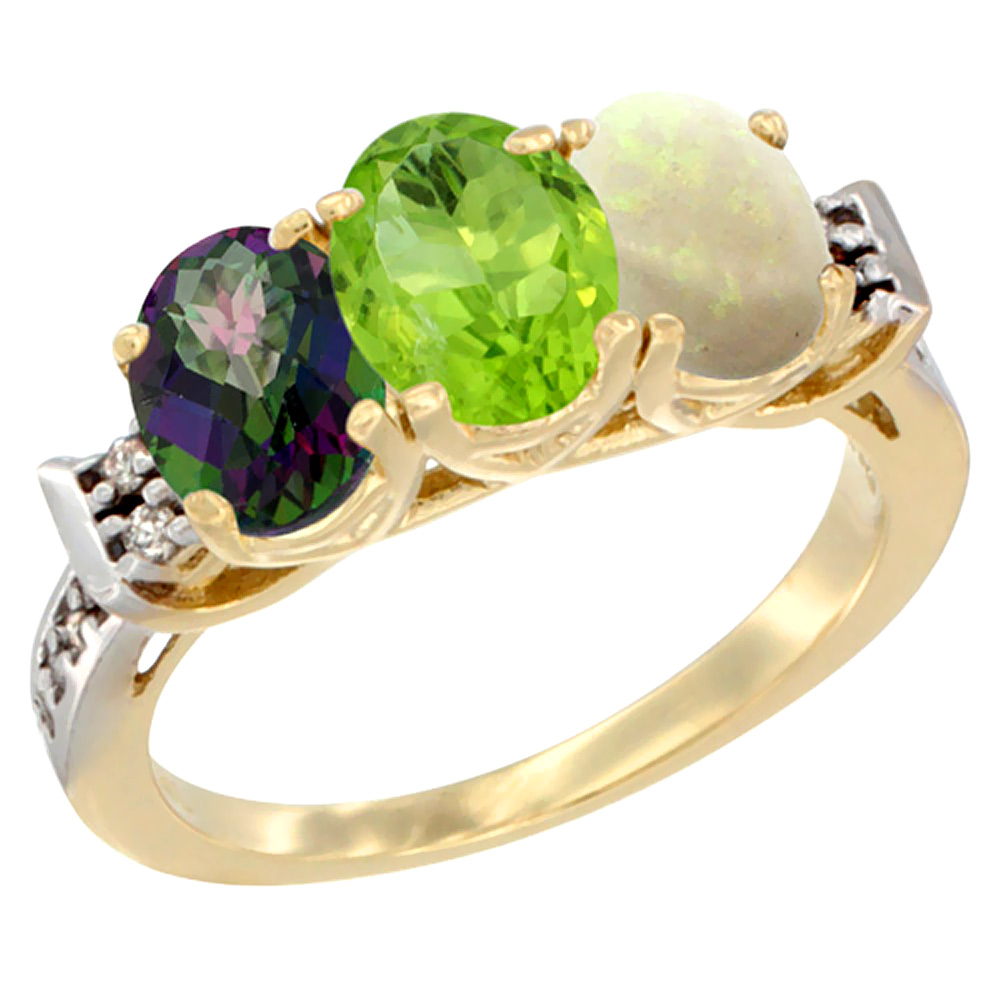 14K Yellow Gold Natural Mystic Topaz, Peridot &amp; Opal Ring 3-Stone Oval 7x5 mm Diamond Accent, sizes 5 - 10