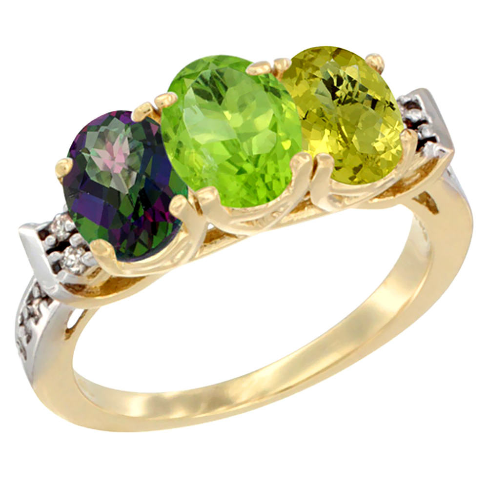 14K Yellow Gold Natural Mystic Topaz, Peridot & Lemon Quartz Ring 3-Stone Oval 7x5 mm Diamond Accent, sizes 5 - 10