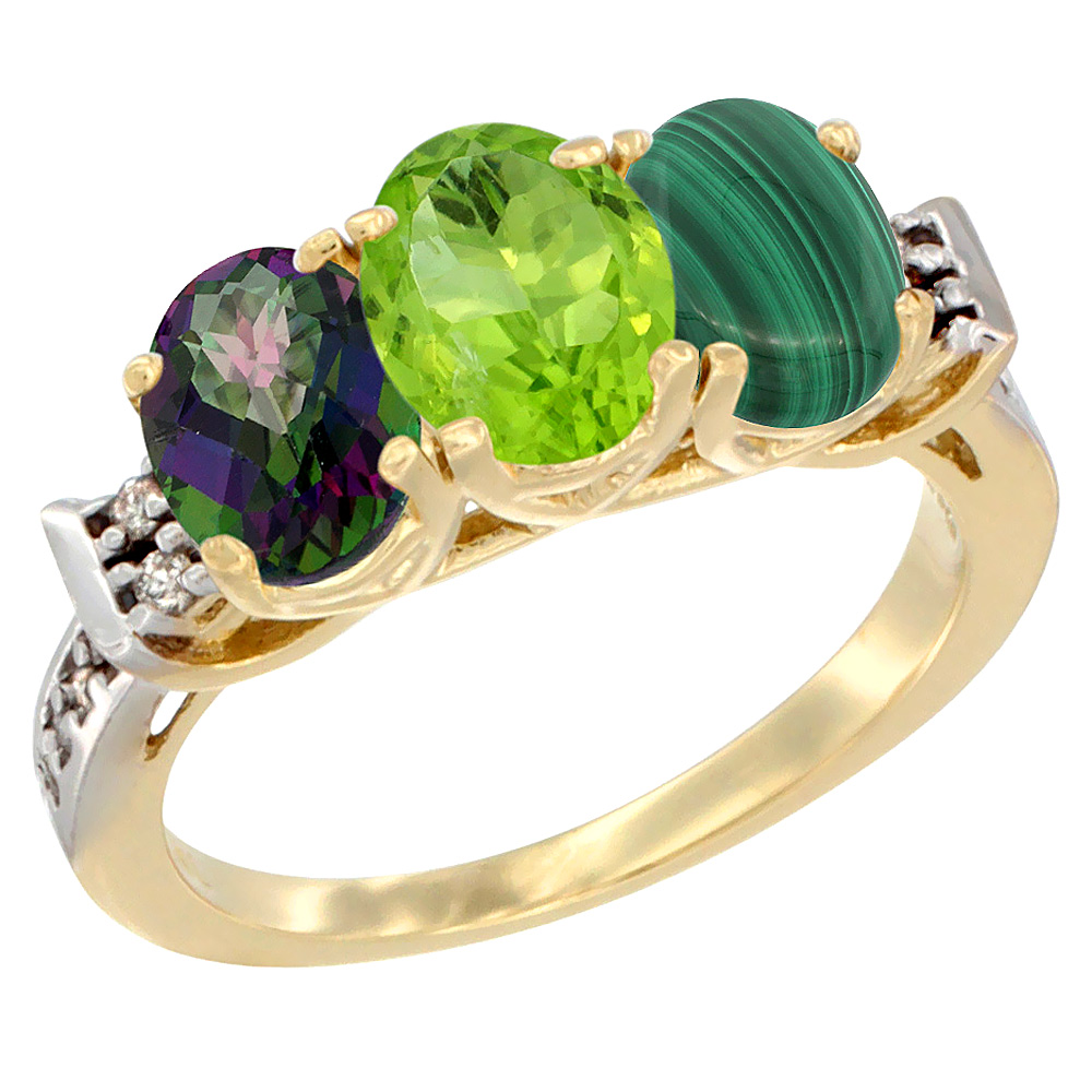 14K Yellow Gold Natural Mystic Topaz, Peridot &amp; Malachite Ring 3-Stone Oval 7x5 mm Diamond Accent, sizes 5 - 10