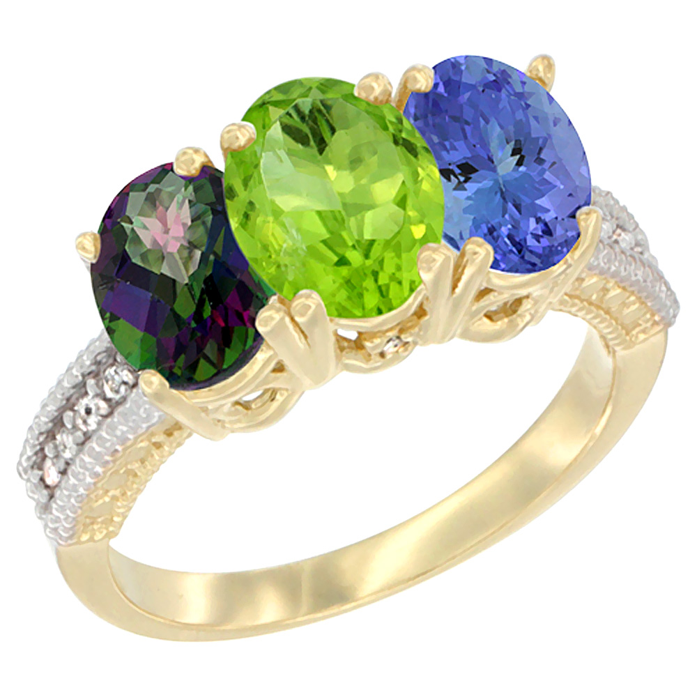 14K Yellow Gold Natural Mystic Topaz, Peridot &amp; Tanzanite Ring 3-Stone 7x5 mm Oval Diamond Accent, sizes 5 - 10