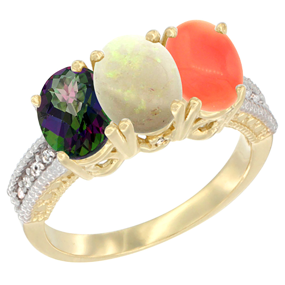 14K Yellow Gold Natural Mystic Topaz, Opal &amp; Coral Ring 3-Stone 7x5 mm Oval Diamond Accent, sizes 5 - 10