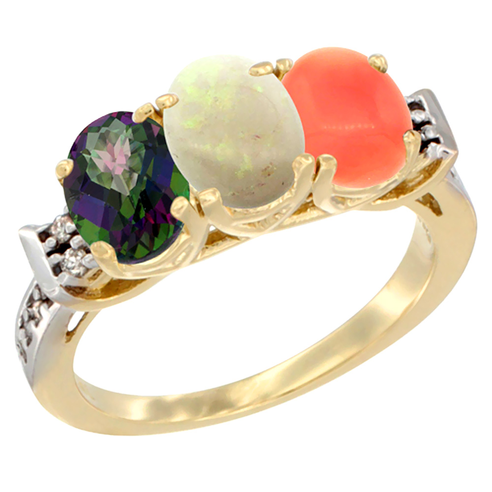 14K Yellow Gold Natural Mystic Topaz, Opal & Coral Ring 3-Stone 7x5 mm Oval Diamond Accent, sizes 5 - 10